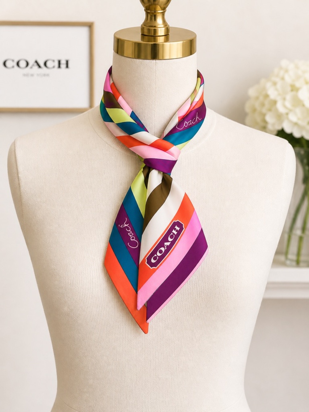 COACH Legacy Stripe Silk Skinny Scarf - Picture 5 of 6